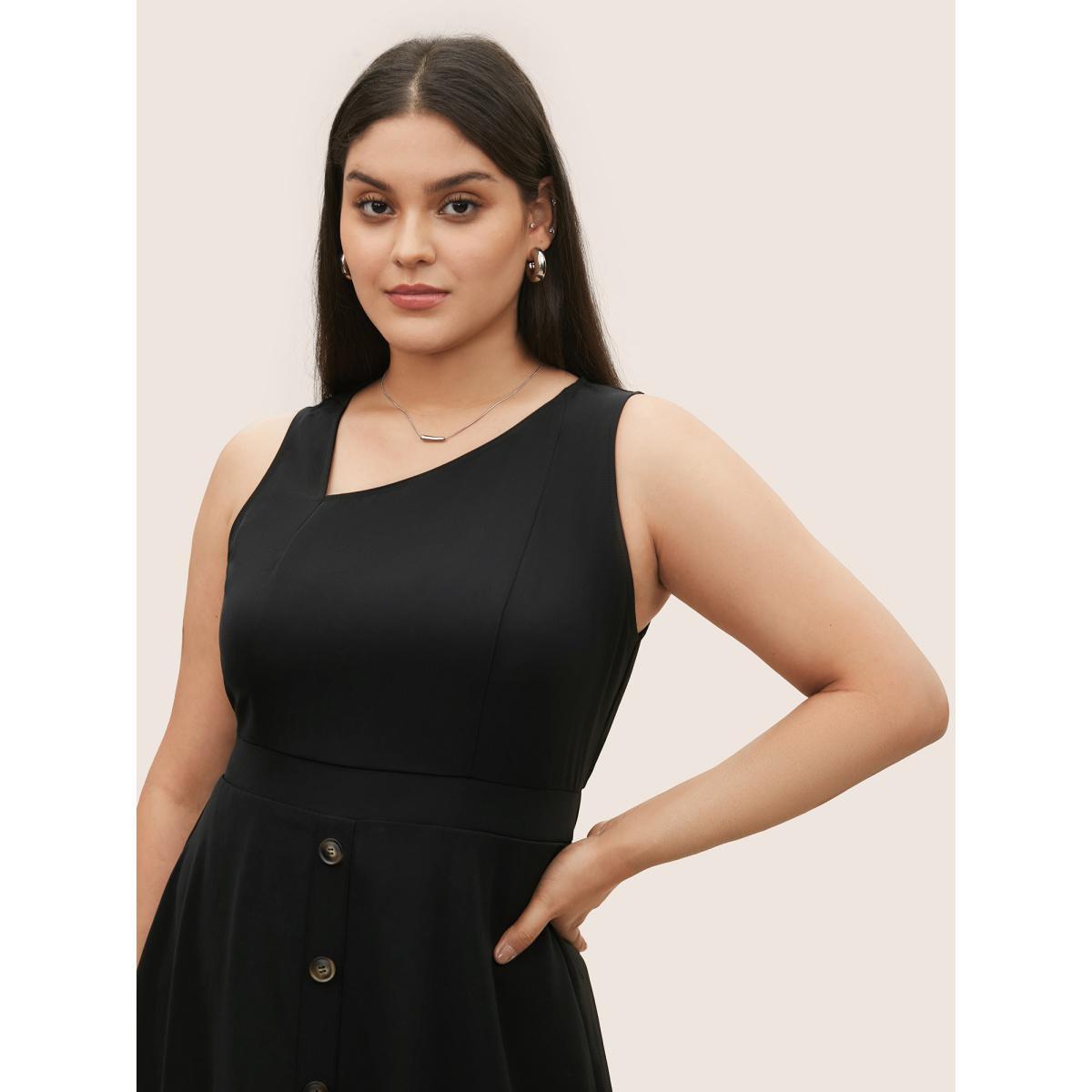 Plus Size Asymmetrical Neck Button Detail Midi Dress Black Women At the Office Non Asymmetrical Neck Sleeveless Curvy Midi Dress BloomChic 10/M Product Image