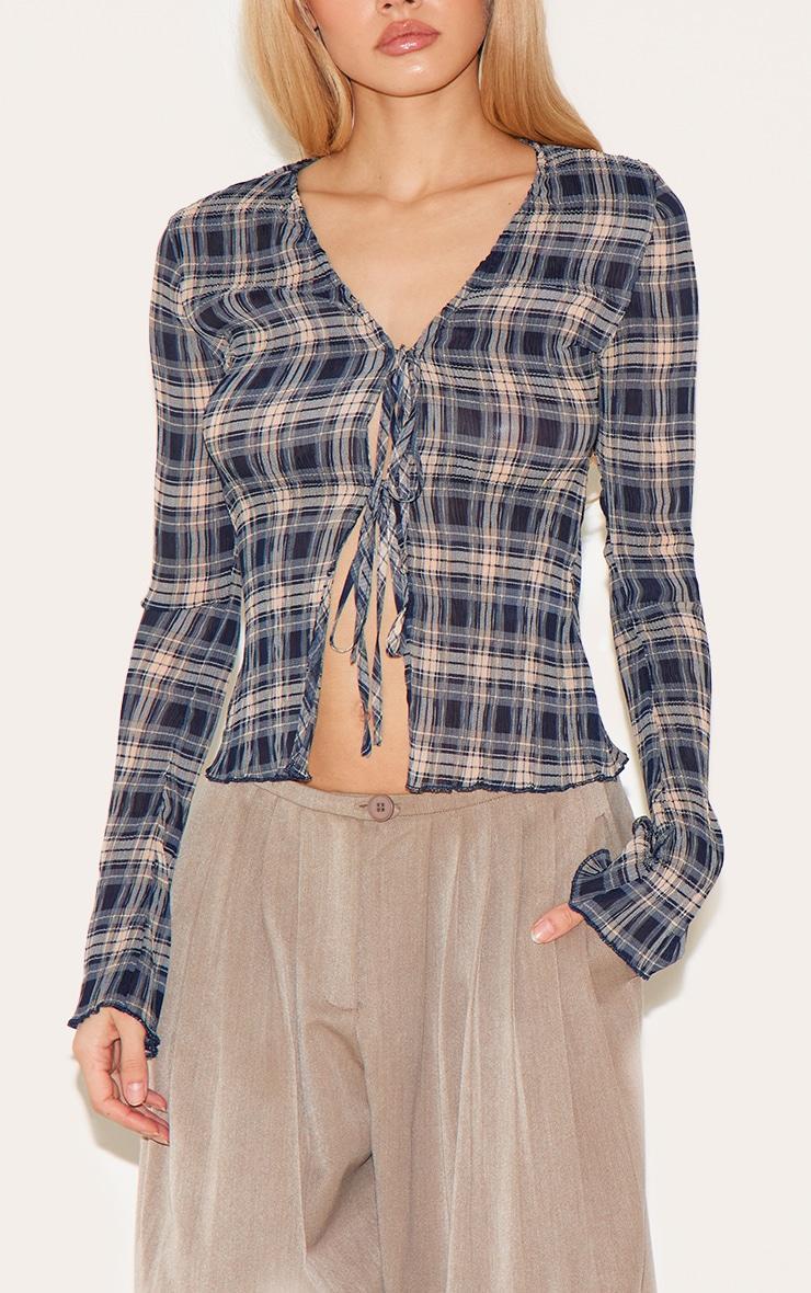 Blue Plisse Check Printed Blouse Product Image