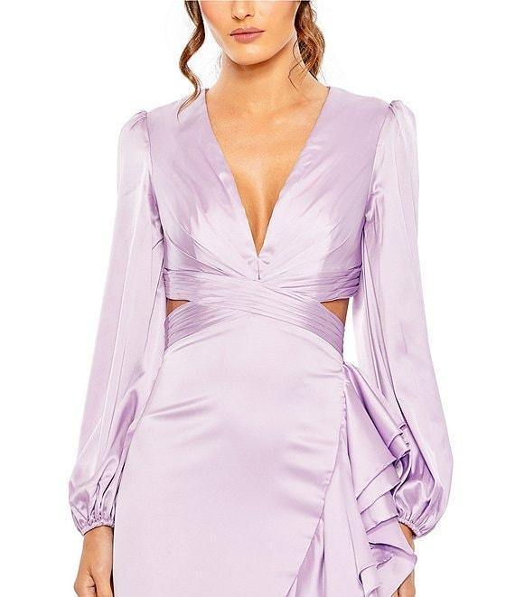 Mac Duggal Satin Deep V-Neck Long Balloon Sleeve Cut-Out Side Tiered Ruffle Asymmetrical Hemline Gown Product Image