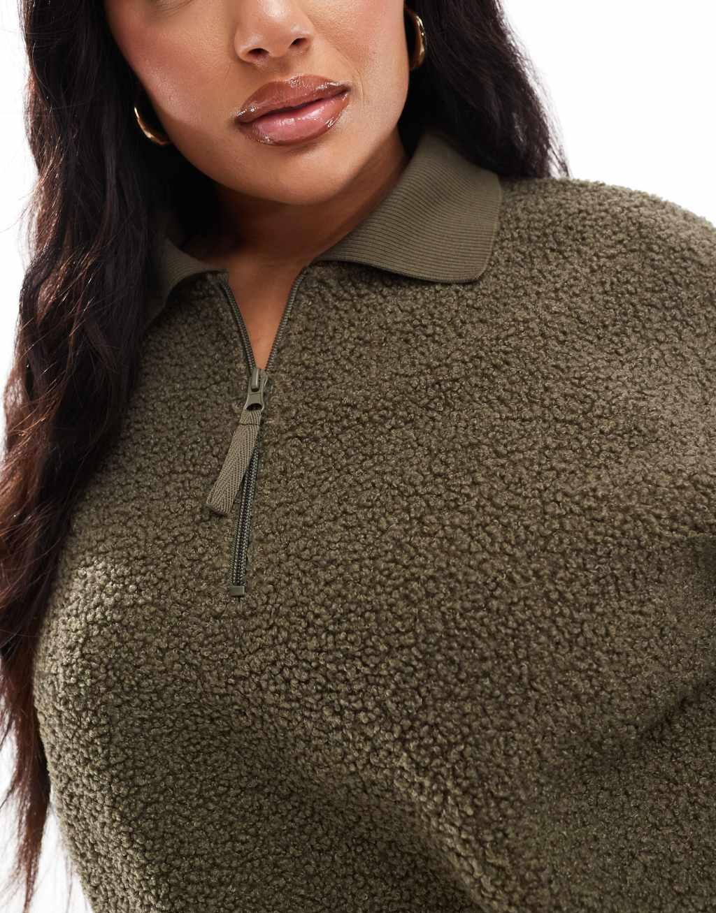 ASOS DESIGN Curve lounge teddy zip collar sweatshirt & tapered pants set in khaki Product Image