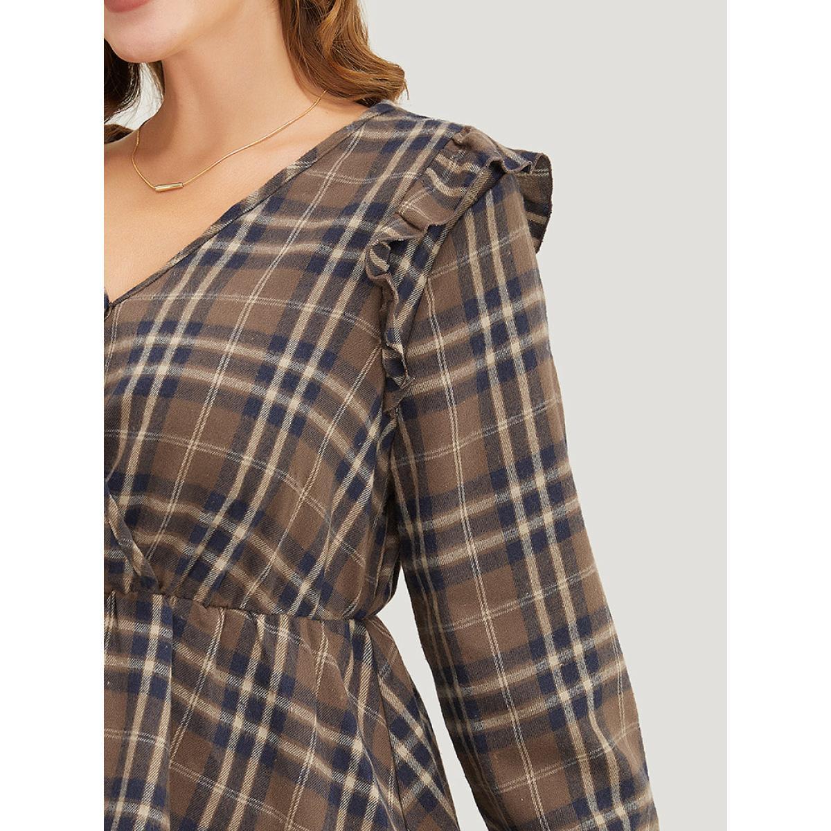 Plus Size DarkBrown Plaid Ruffles Trim Lantern Sleeve Asymmetrical Hem Wrap Blouse Women Elegant Long Sleeve V-neck Dailywear Blouses BloomChic 14-16/1X Product Image