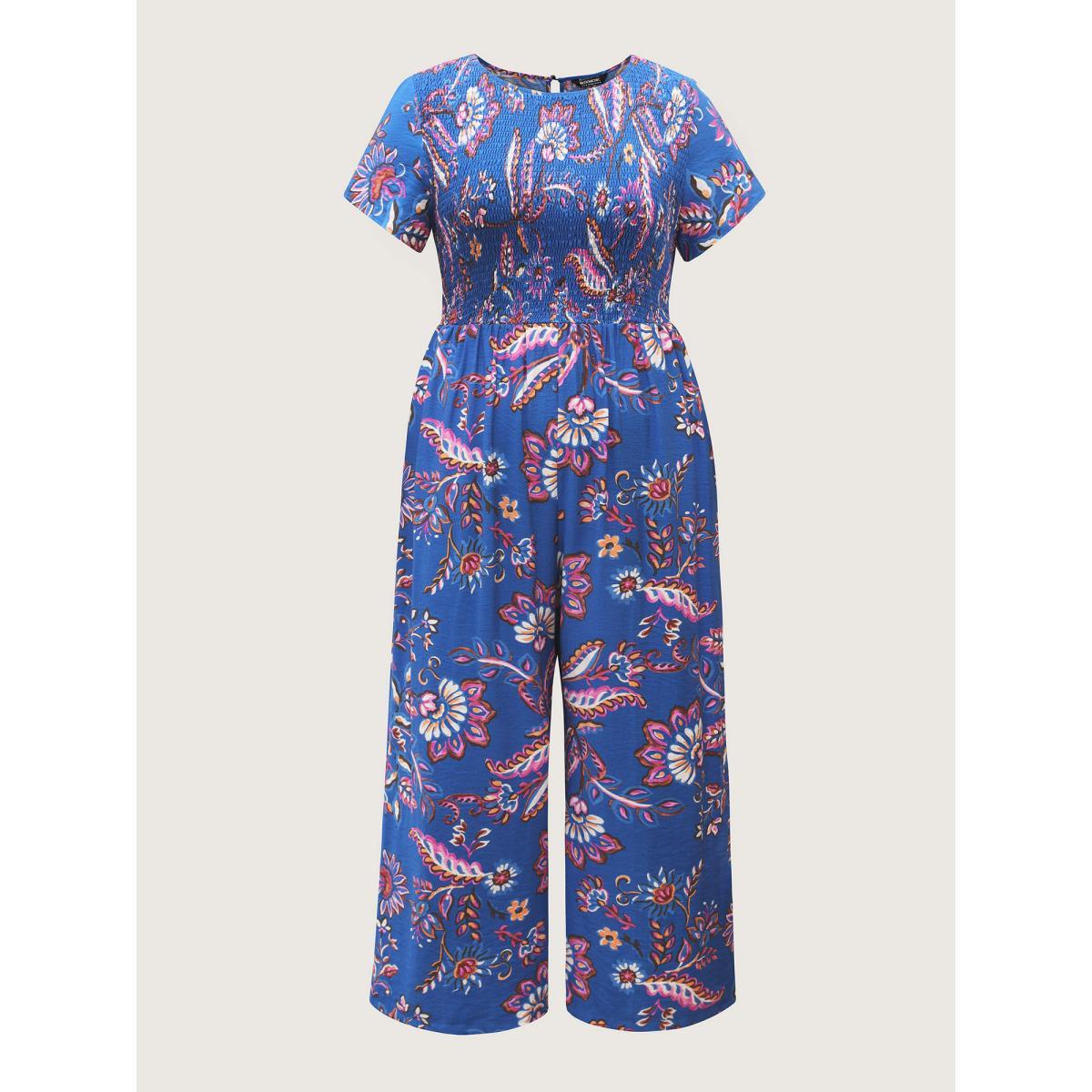 Plus Size DarkBlue Floral Shirred Bodice Pockets Jumpsuit Women Cap Sleeve Round Neck Vacation Loose Jumpsuits BloomChic 14-16/1X Product Image