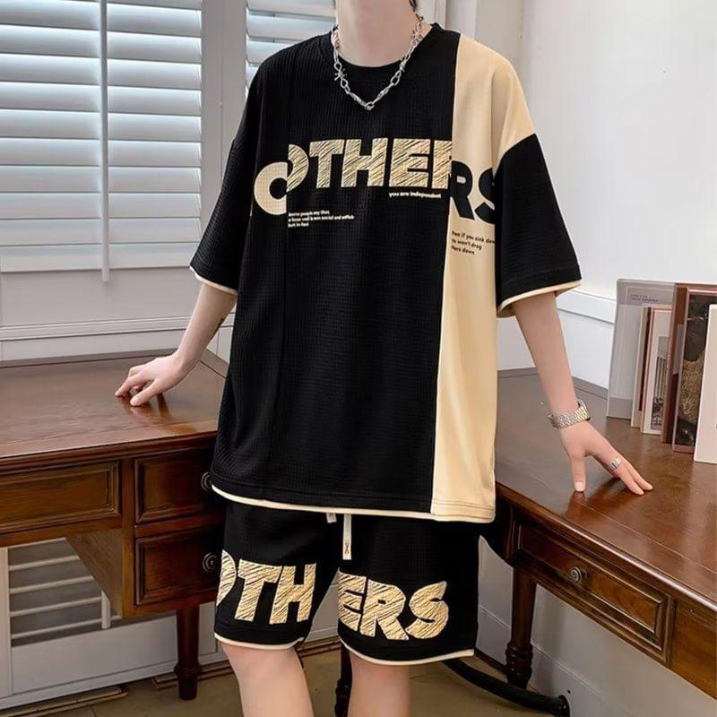 Set: Elbow-Sleeve Two Tone Lettering T-Shirt + Shorts Product Image