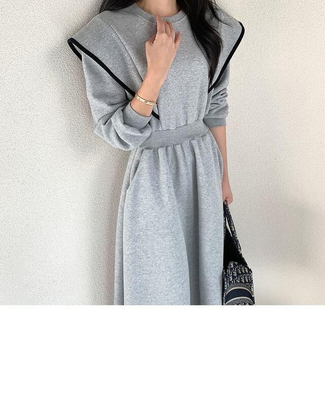 Long Sleeve Round Neck Contrast Piping Midi Sweatshirt Dress Product Image