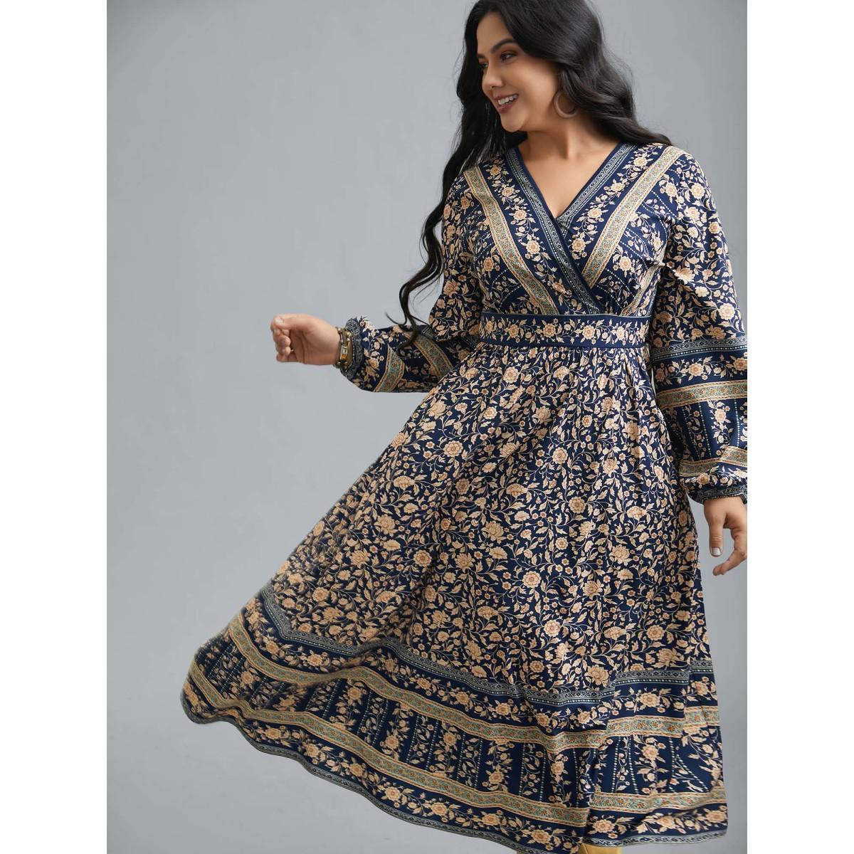 Plus Size Surplice Neck Boho Print Elastic Waist Dress Indigo Women Resort Non Overlap Collar Long Sleeve Curvy BloomChic 22-24/3X Product Image