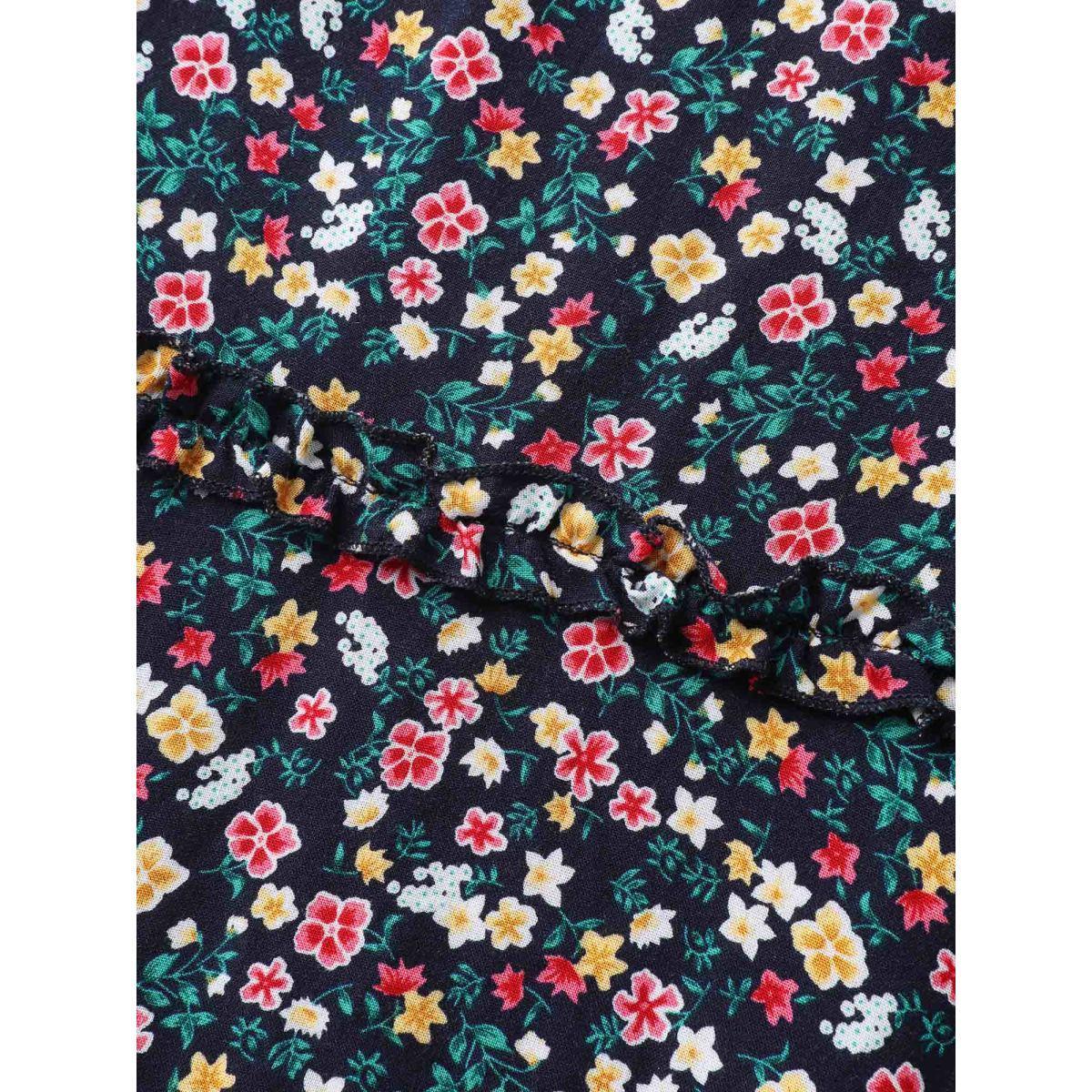 Plus Size Micro Floral Shirred Asymmetrical Midi Dress Navy Women Shirred Square Neck Short sleeve Curvy BloomChic 10/M Product Image
