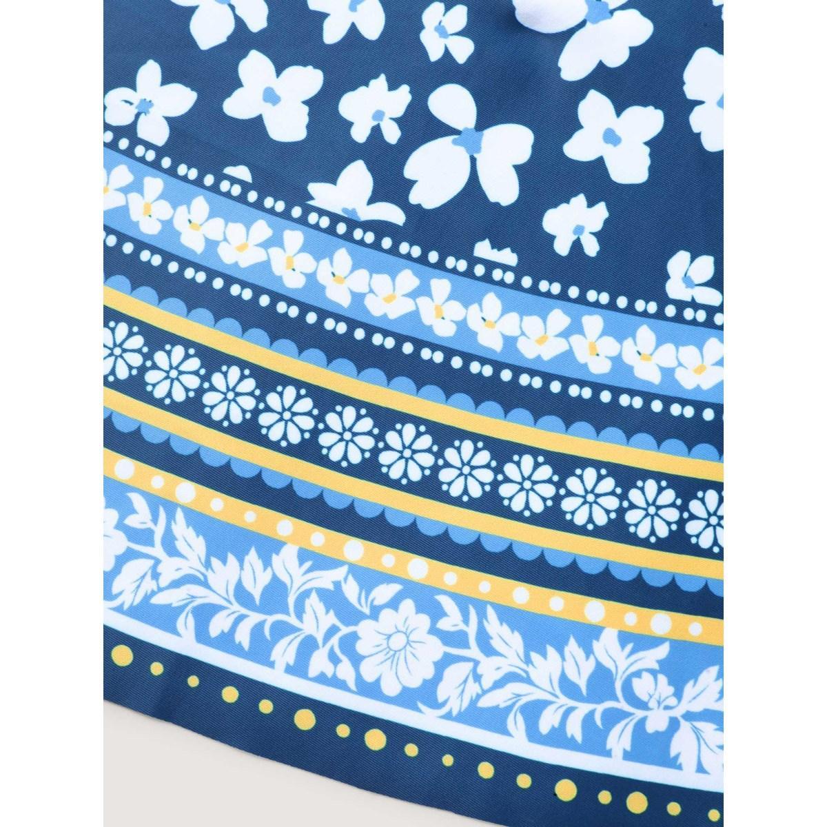 Plus Size Floral Print Contrast Swim Dress Women's Swimwear Indigo Beach Bodycon Overlap Collar High stretch Curve Swim Dresses BloomChic 26/4X Product Image