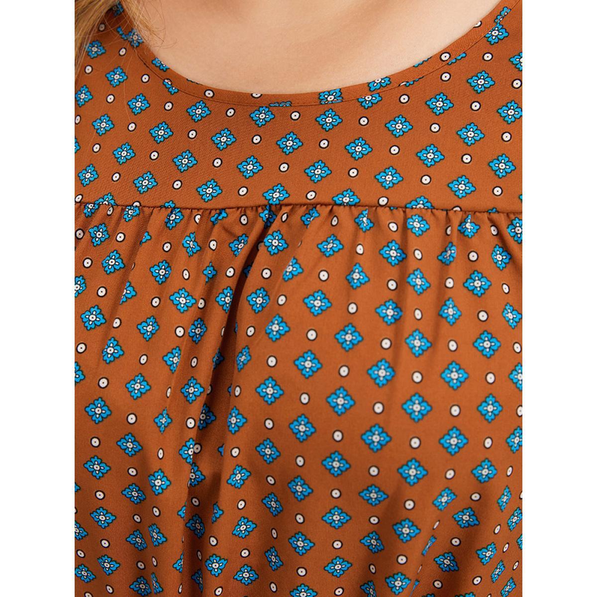 Plus Size Bandana Print Flutter Trim Pocket Belted Dress Chocolate Women Vacation Belted Round Neck Short sleeve Curvy Midi Dress BloomChic 28/5X Product Image