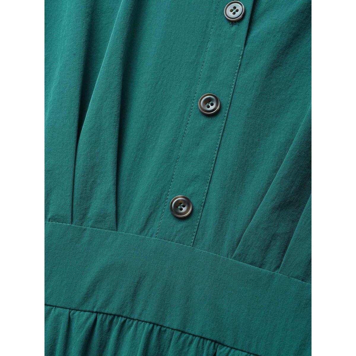 Plus Size Shirt Collar Pleated Button Detail Gathered Midi Dress Cyan Women Work From Home Gathered Shirt collar Short sleeve Curvy BloomChic 22-24/3X Product Image