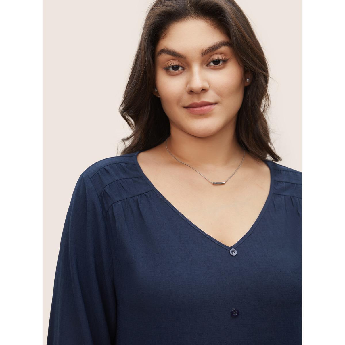 Plus Size Indigo Solid Button Detail Gathered Lantern Sleeve Blouse Women Work From Home Elbow-length sleeve V-neck Work Blouses BloomChic 10/M Product Image