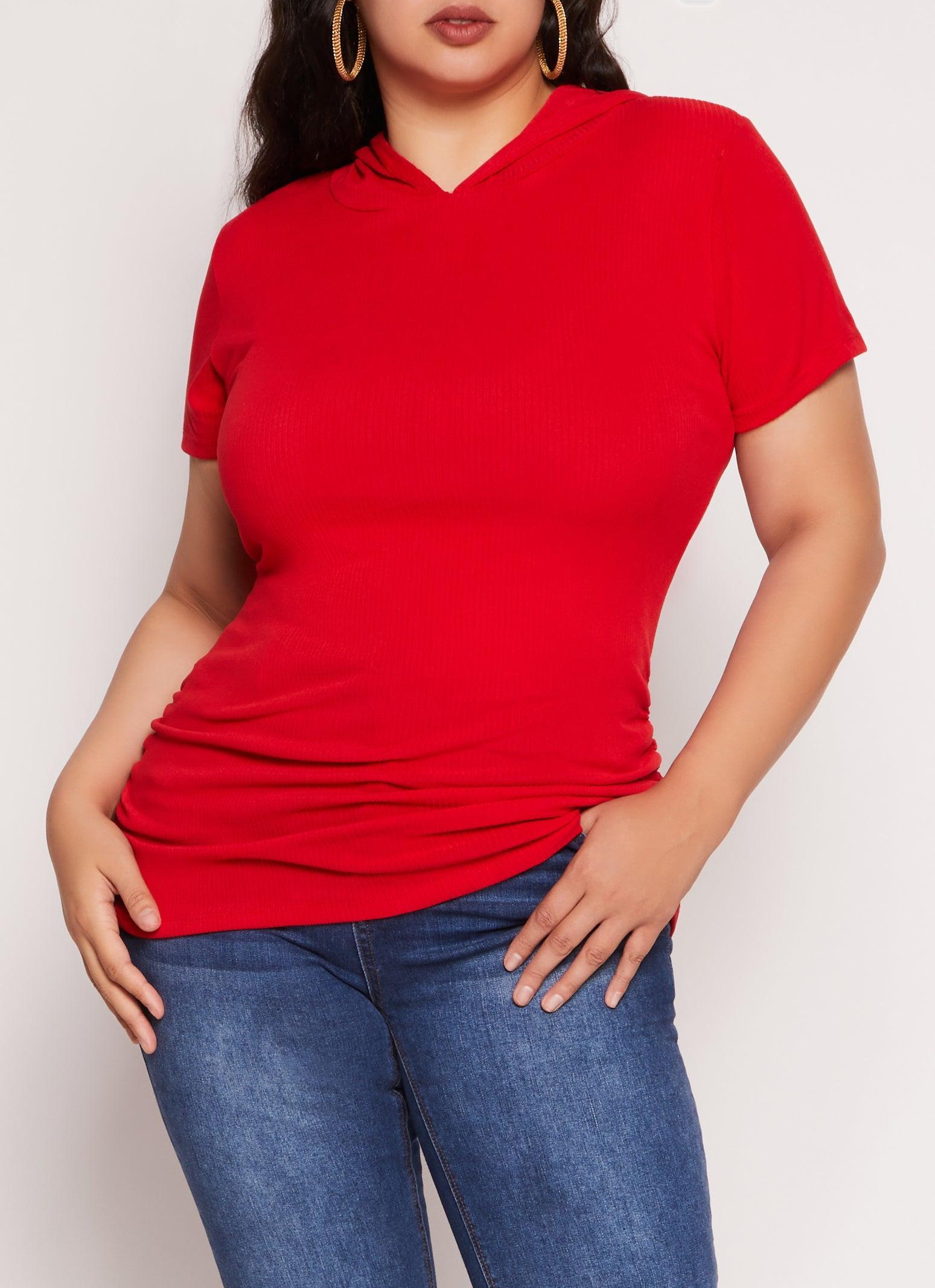 Womens Plus Size Rib Knit Hooded Short Sleeve Tee Product Image