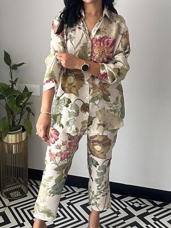 Long Sleeves Buttoned Flower Print Lapel Shirts Top + Ninth Pants Pants Bottom Two Pieces Set Product Image