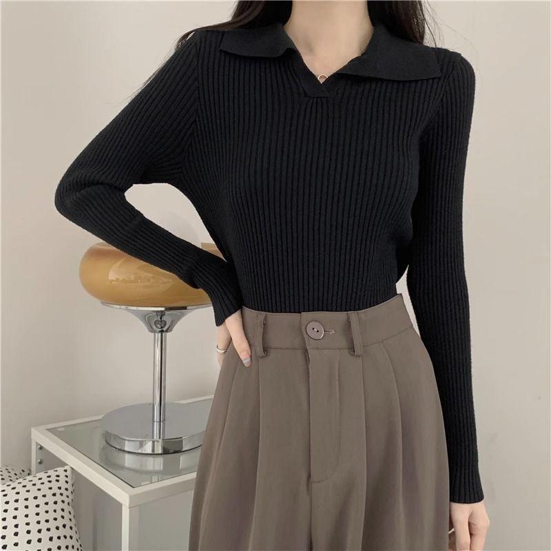 Long Sleeve Collared Plain Ribbed Knit Top Product Image