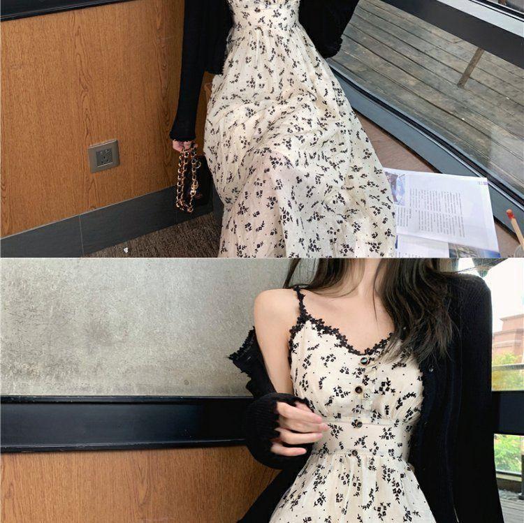 Spaghetti Strap Floral Print Midi A-Line Dress / Cardigan Product Image