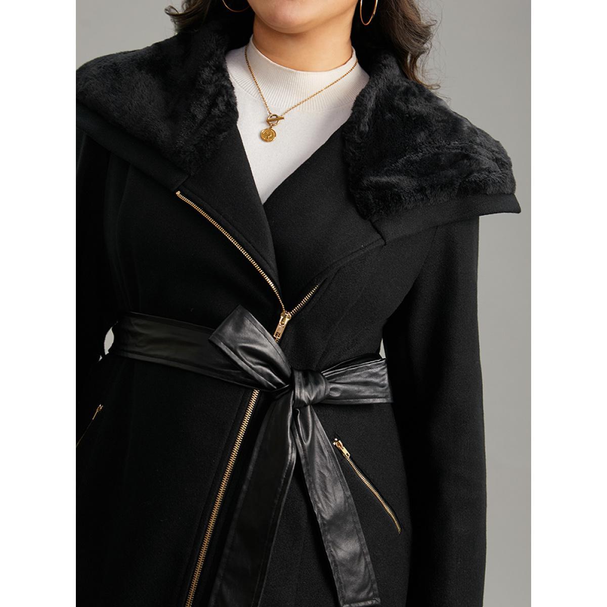 Plus Size Solid Zipper Belted PU Leather Knot Fuzzy Trim Coat Women Black Casual Plain Ladies Dailywear Winter Coats BloomChic 12/L Product Image