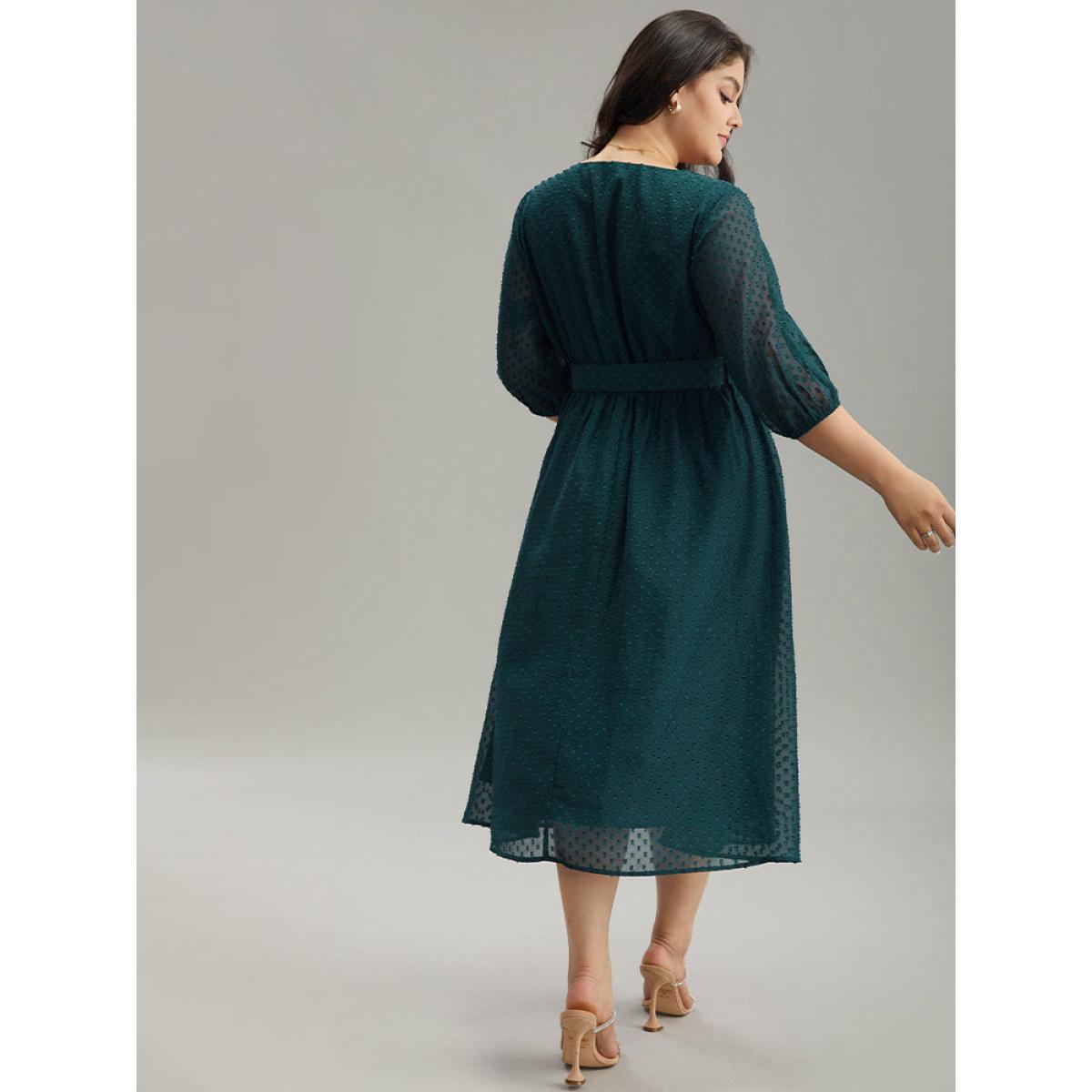 Plus Size Solid Texture Pocket Belted Mesh Patchwork Dress Aegean Women Glamour Elastic cuffs V-neck Elbow-length sleeve Curvy Midi Dress BloomChic 12/L Product Image