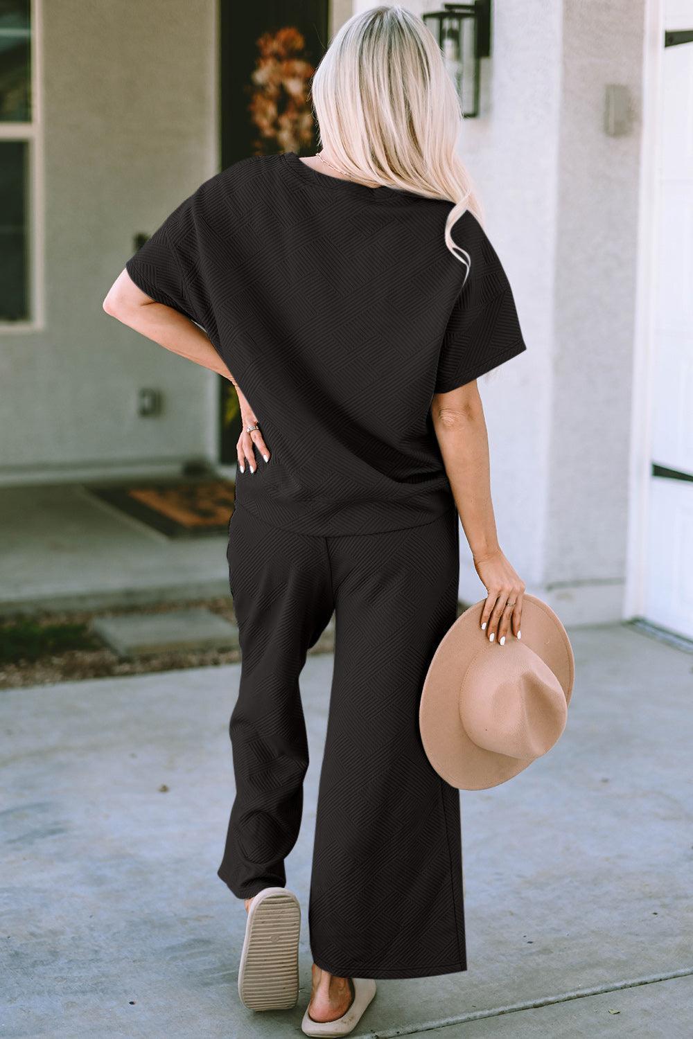 Double Take Full Size Texture Short Sleeve Top and Pants Set Product Image