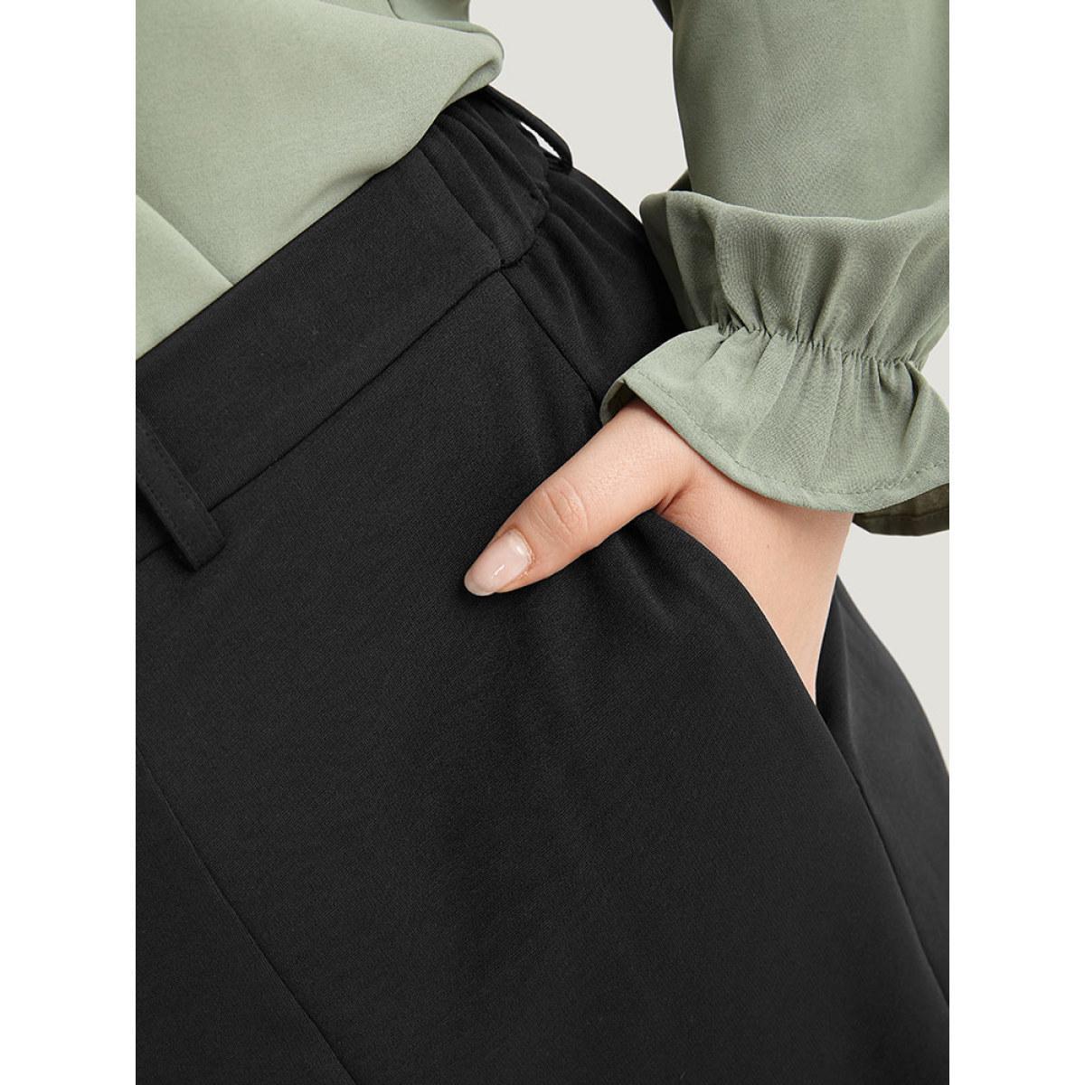 Plus Size Plain Split Front Pleated Pants Women Black At the Office Straight Leg High Rise Work Pants BloomChic 18-20/2X Product Image