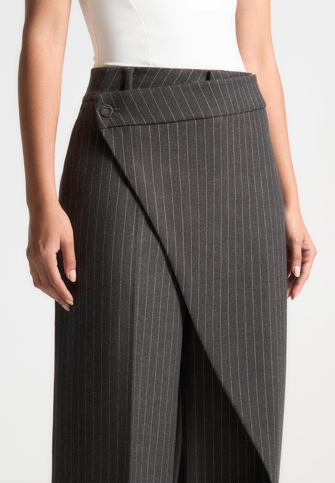 Wool Pinstripe Wrap Tailored Trousers - Grey Female Product Image