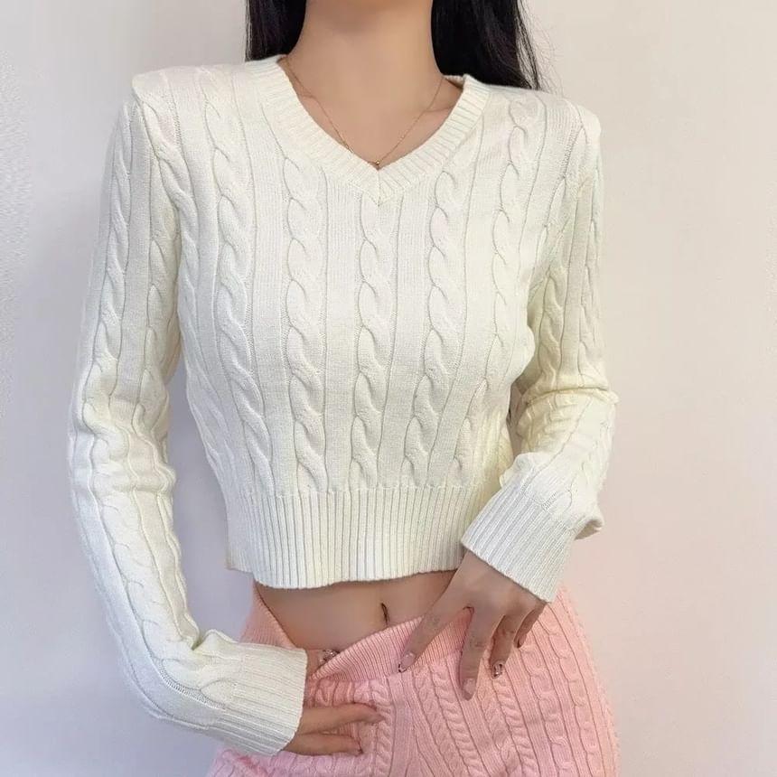 V-Neck Plain Cable-Knit Cropped Sweater Product Image