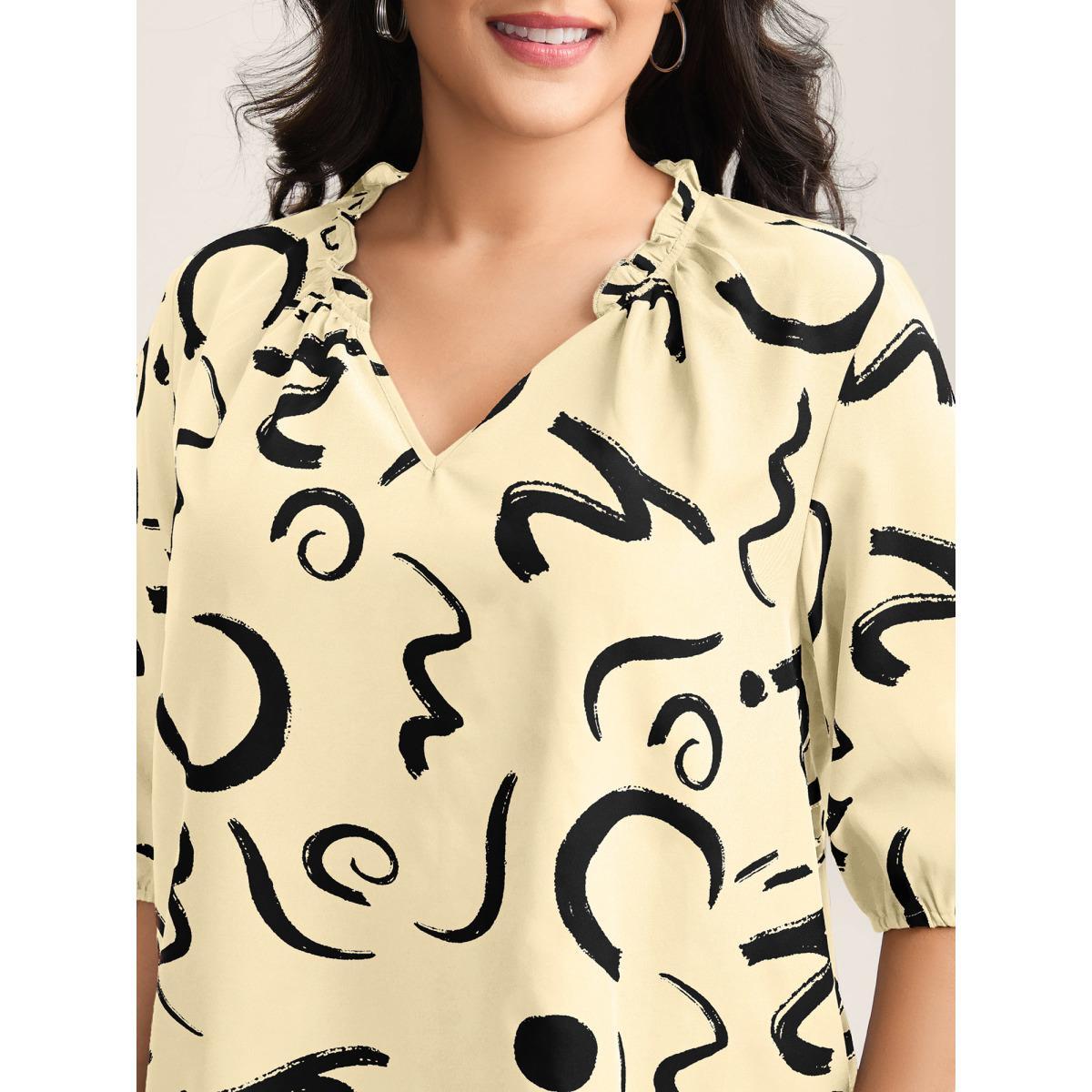 Plus Size Beige Scribble Print Ruffled Split Neck Blouse Women Elbow-length sleeve Notched collar Work Blouses BloomChic 22-24/3X Product Image