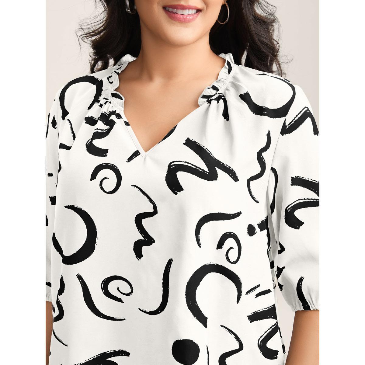 Plus Size Originalwhite Scribble Print Ruffled Split Neck Blouse Women Elbow-length sleeve Notched collar Work Blouses BloomChic 18-20/2X Product Image
