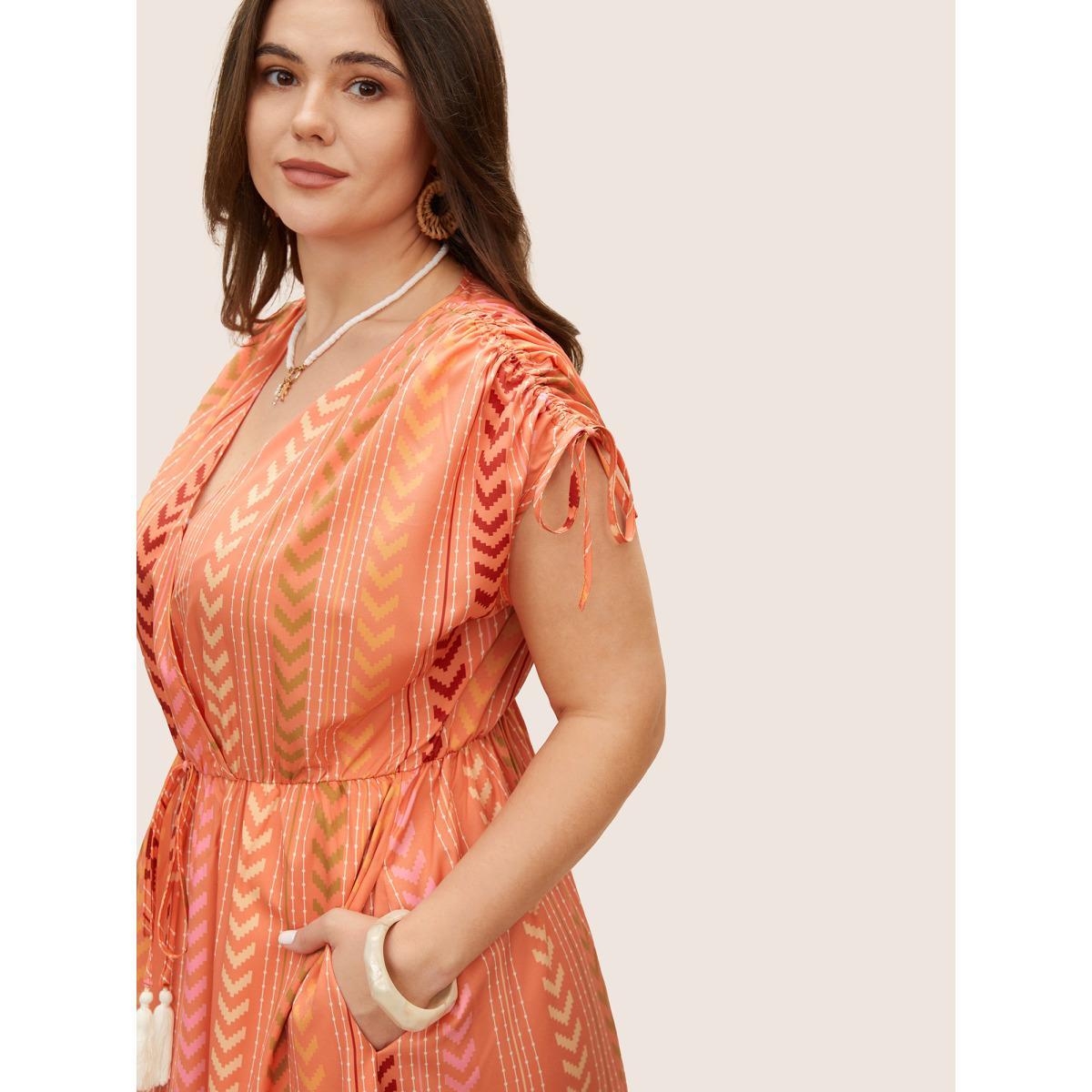 Plus Size Boho Print Wrap Tie Drawstring Dress Coral Women Resort Overlapping V-neck Sleeveless Curvy BloomChic 26/4X Product Image
