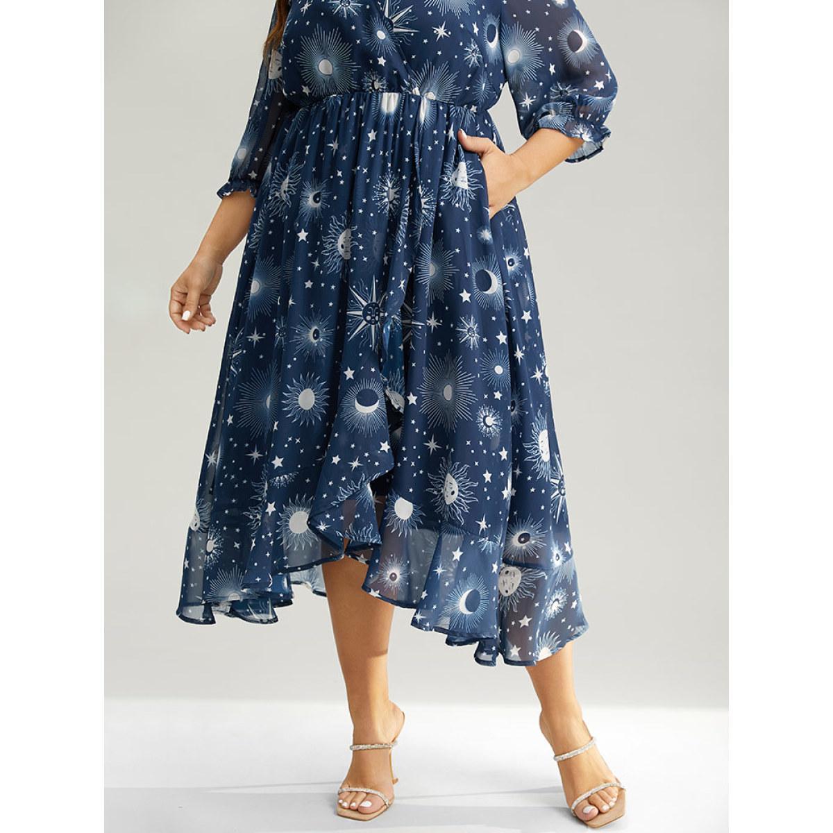 Plus Size Christmas Moon & Star Ruffles Mesh Wrap Dress Cyan Women Party Wrap Overlap Collar Elbow-length sleeve Curvy Midi Dress BloomChic 18-20/2X Product Image