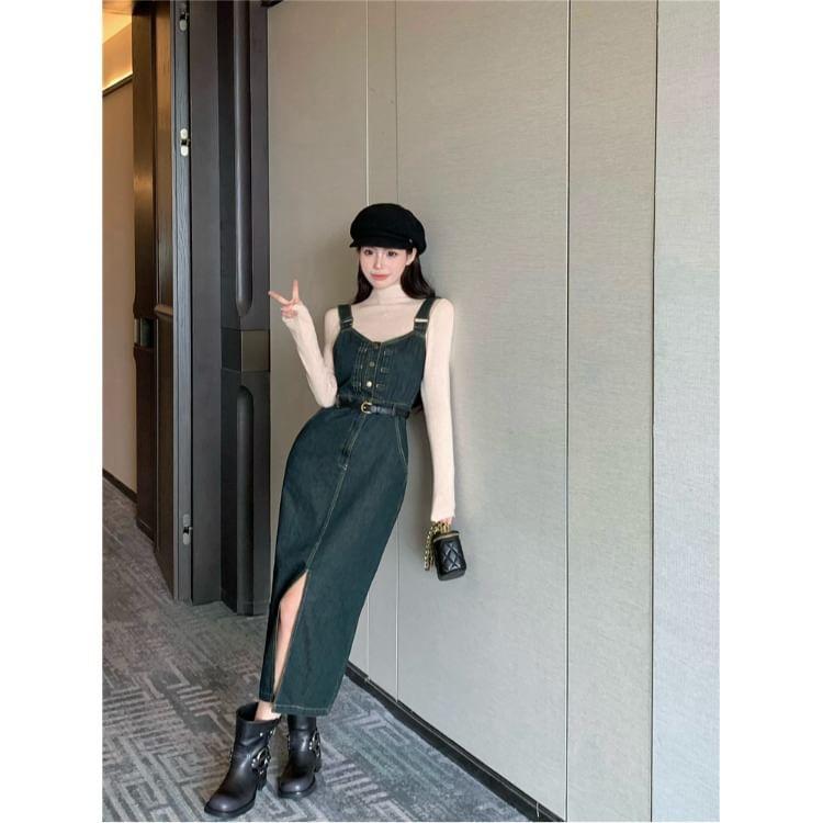 Washed Denim Buttoned Maxi Overall Dress Product Image