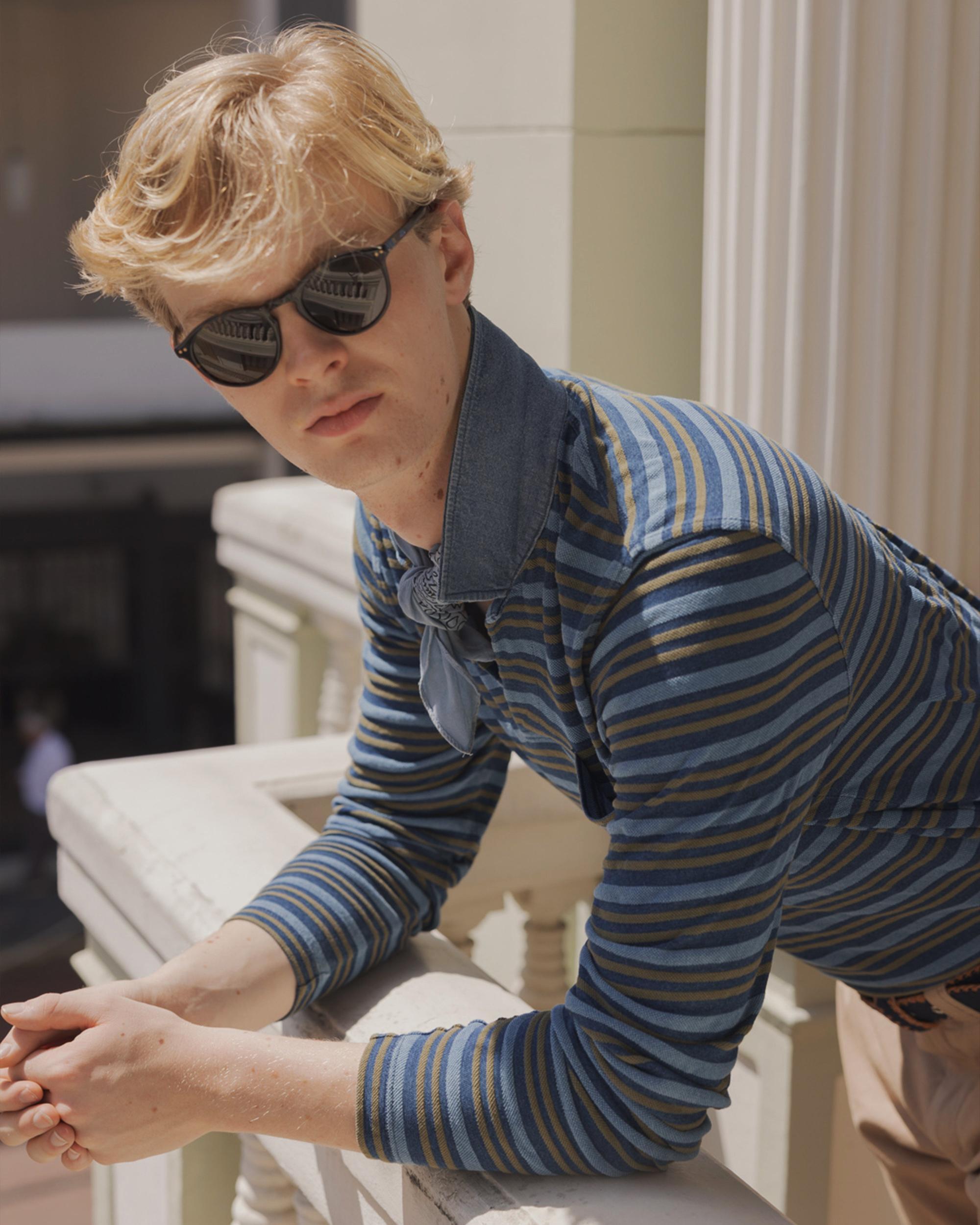 Long Sleeve Indigo Pique Polo in Old Gold Product Image