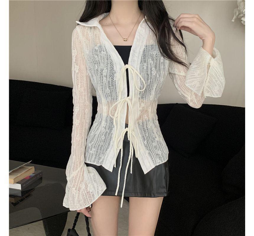 Long-Sleeve Plain Tie Front Shirt Product Image