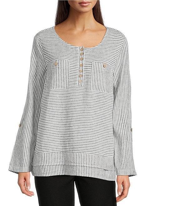 Ali Miles Woven Yarn-Dyed Linen Blend Scoop Neck 3/4 Roll-Tab Sleeve Tunic Product Image