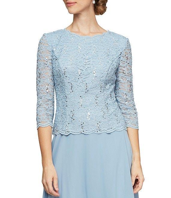 Alex Evenings Crew Neck 3/4 Sleeve Sequin Floral Lace Bodice Chiffon A-Line Midi Dress Product Image