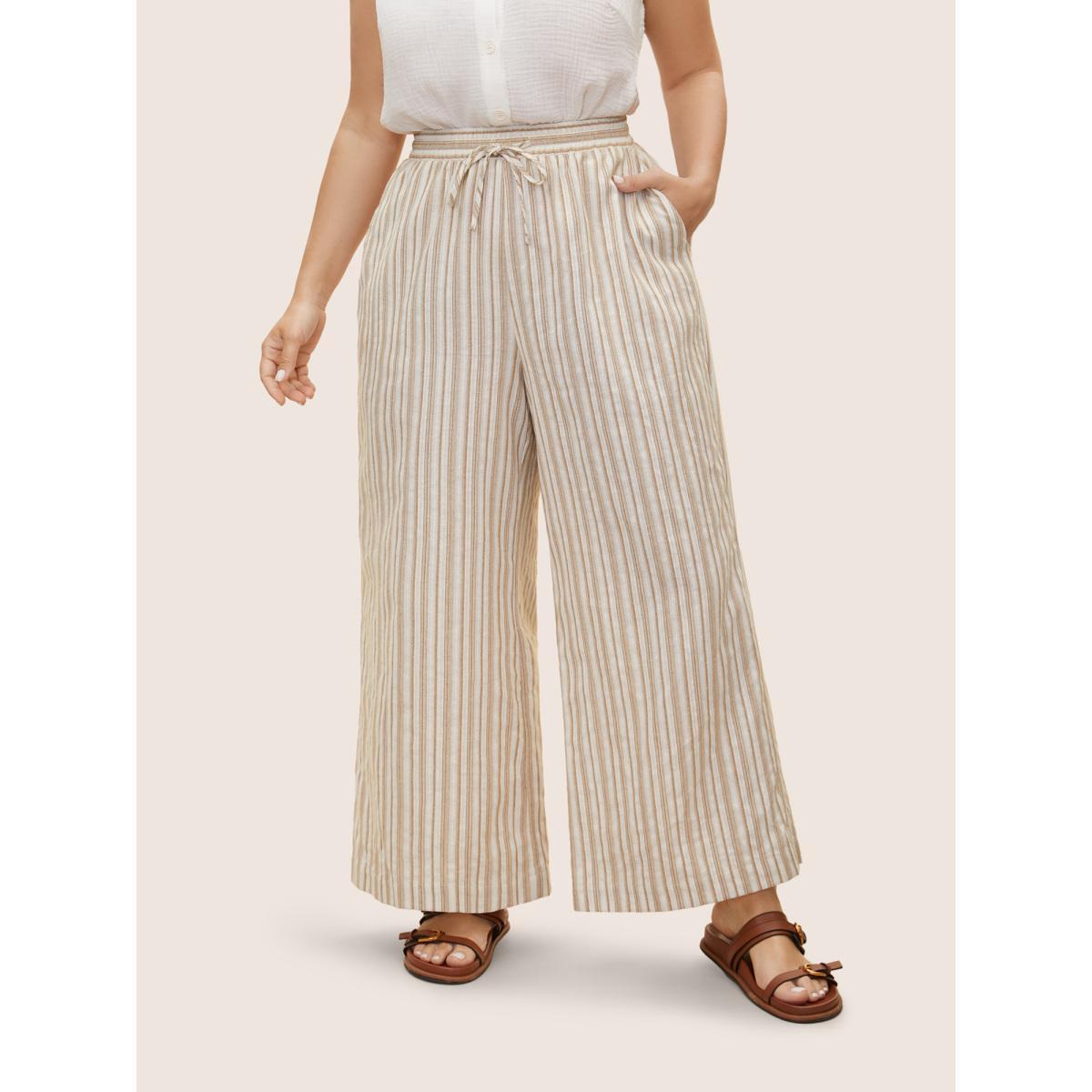 Plus Size Striped Drawstring Mid Rise Wide Leg Pants Women Tan Resort Wide Leg Mid Rise Vacation Pants BloomChic 22-24/3X Product Image