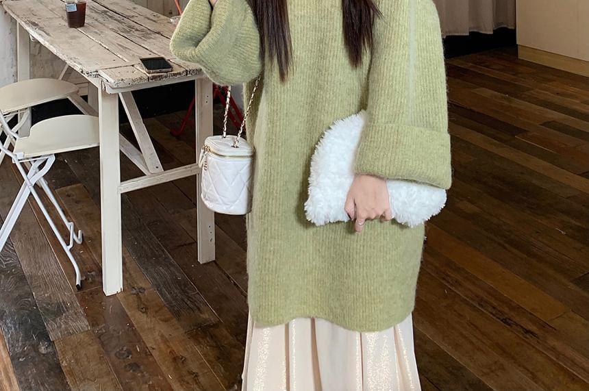 V-Neck Plain Long Sweater / High Waist Midi A-Line Skirt Product Image