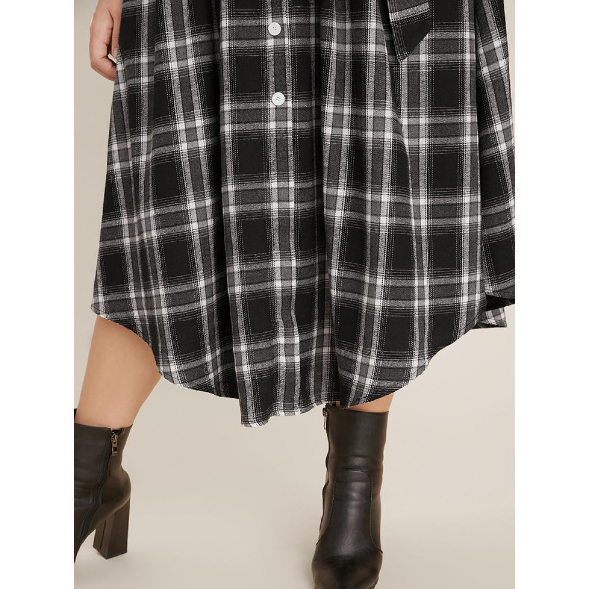 Plus Size Plaid Pocket Button Cuffed Sleeve Belted Arc Hem Dress Black Women Office Belted Shirt collar Long Sleeve Curvy Midi Dress BloomChic 26/4X Product Image