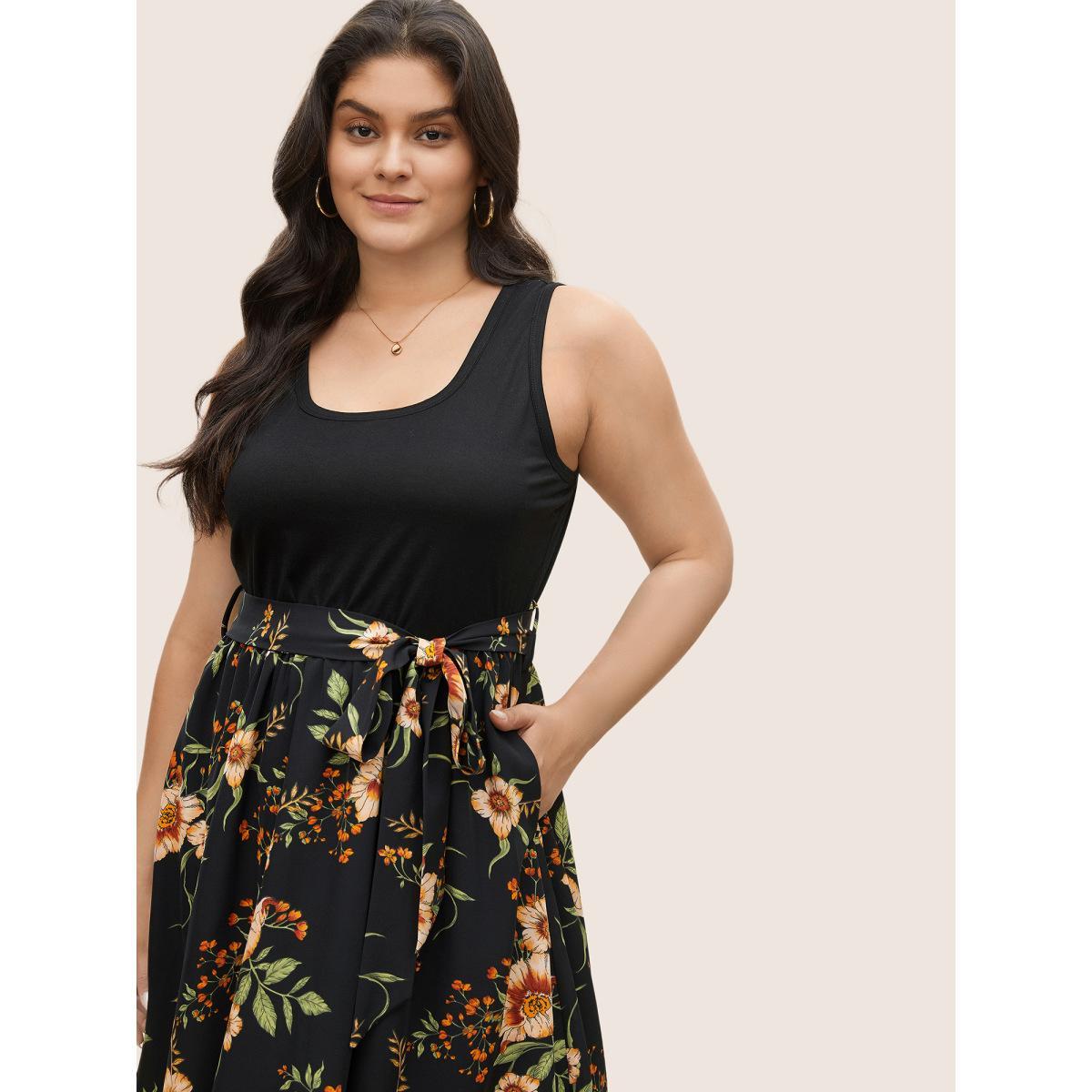 Plus Size Floral Patchwork Pocket Elastic Waist Sleeveless Dress Black Women Elegant Non Sleeveless Curvy Midi Dress BloomChic 18-20/2X Product Image