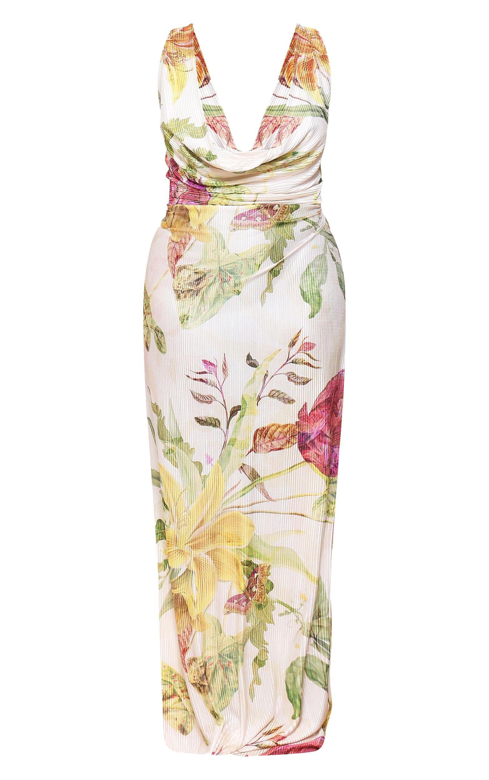 Plus Off White Floral Print Plisse Cowl Plunge Maxi Dress Product Image