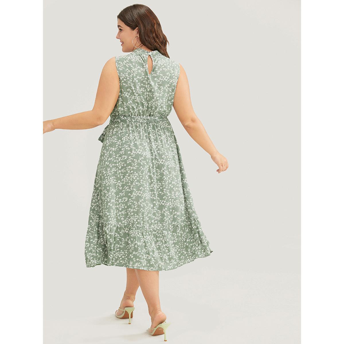 Plus Size Ditsy Floral Keyhole Pocket Belted Mock Neck Ruffles Dress Sage Women Elegant Pocket Mock Neck Sleeveless Curvy Midi Dress BloomChic 28/5X Product Image