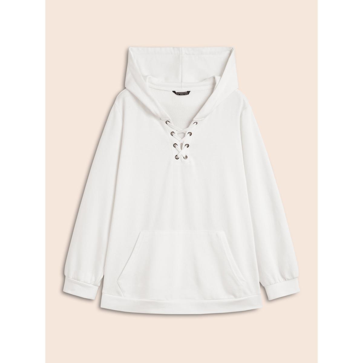 Plus Size Cross Straps Kangaroo Pocket Hooded Sweatshirt Women WhiteSmoke Elegant Eyelet Hooded Everyday Sweatshirts BloomChic 18-20/2X Product Image
