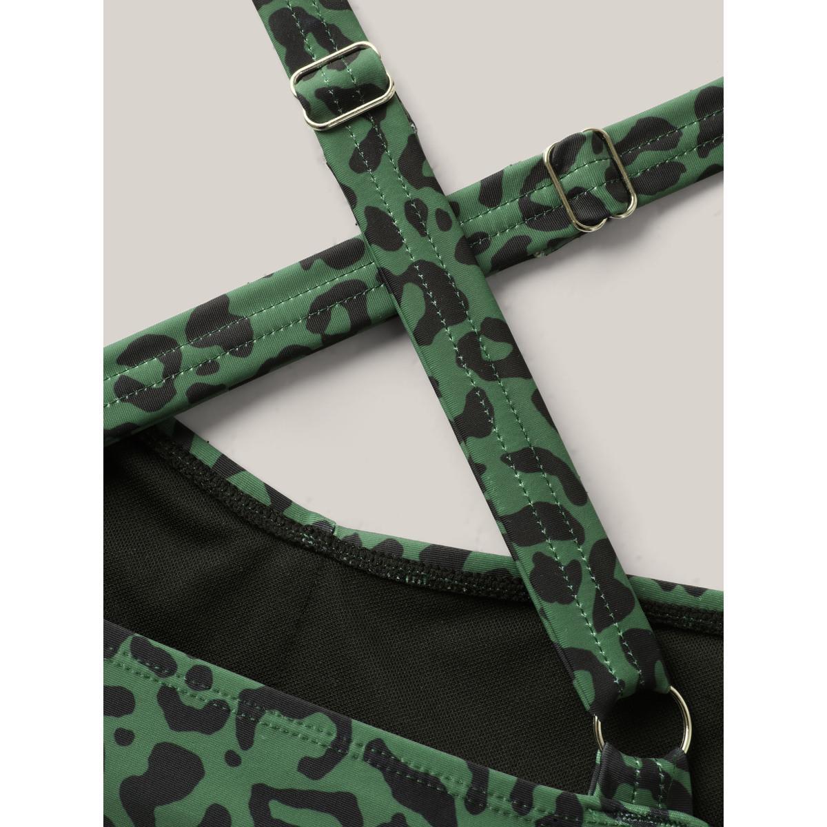 Plus Size Leopard Print Color Contrast One-Piece Swimsuit Women's Swimwear DarkGreen Beach Contrast Curve Bathing Suits High stretch One Pieces BloomChic 10/M Product Image