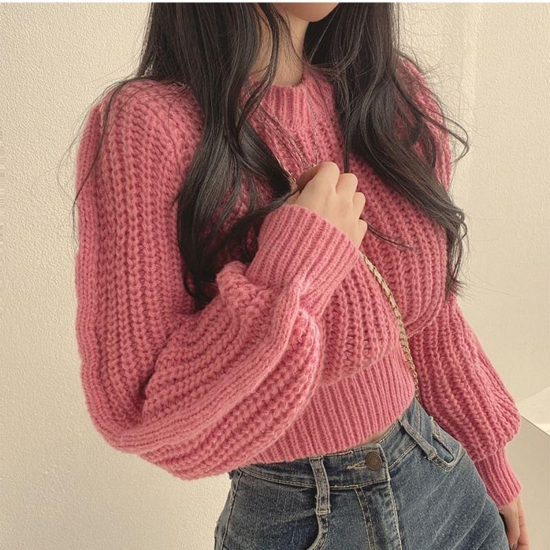 Round Neck Plain Ribbed Cropped Sweater Product Image