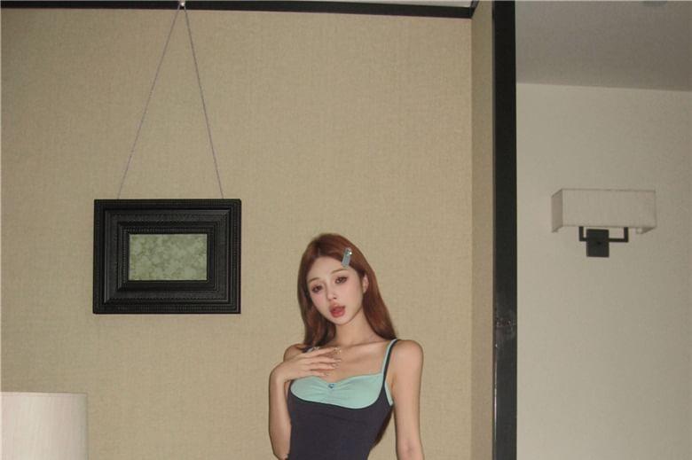 Spaghetti Strap Flower Detail Mock Two Piece Padded Mini Sheath Dress Product Image