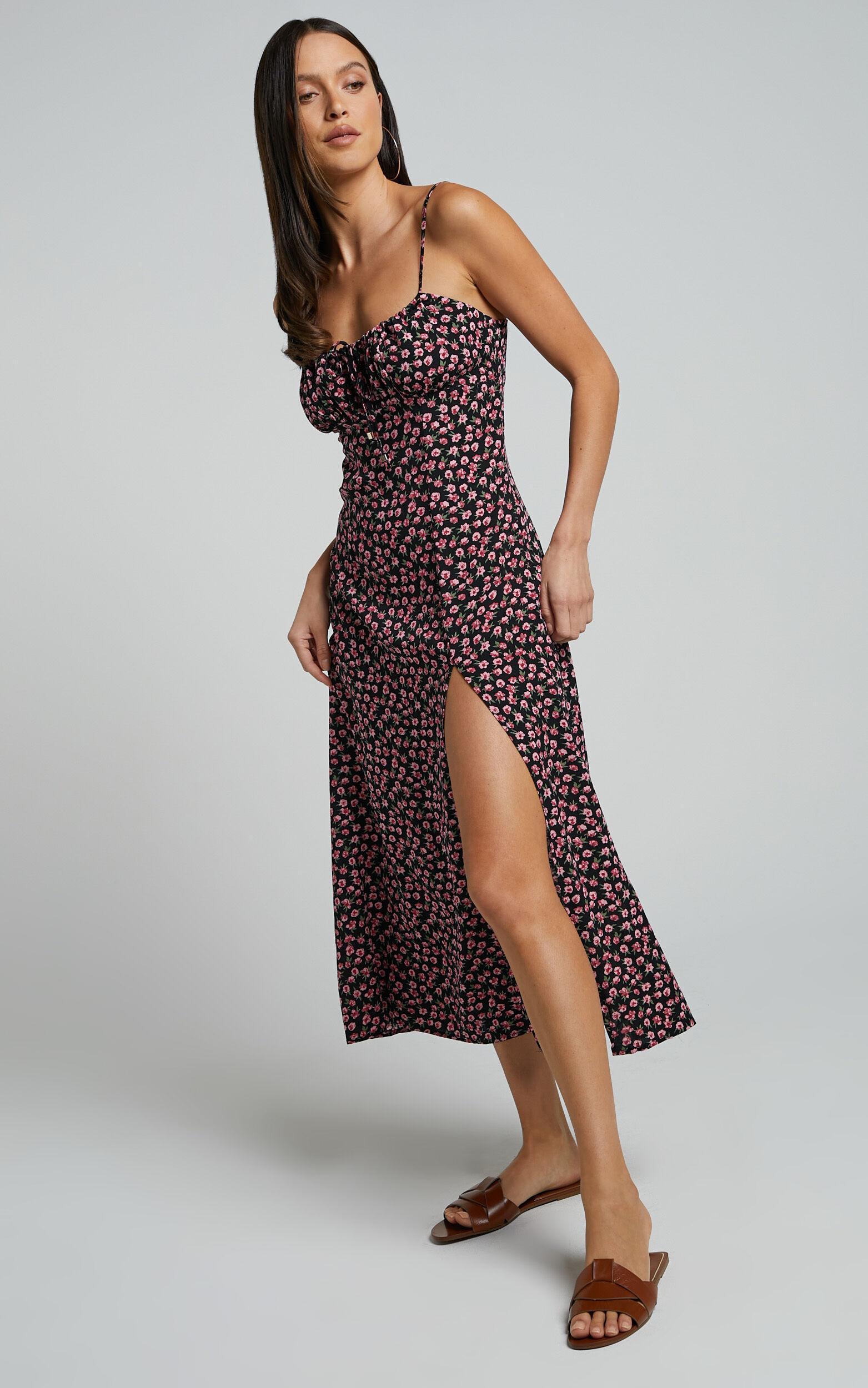 Willa Midi Dress - Ruched Bust Thigh Split Dress in Black Floral Product Image