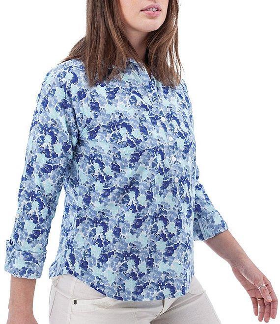 Aventura Devon Printed Collared Neckline Roll Tab Sleeve Button Front Blouse Product Image