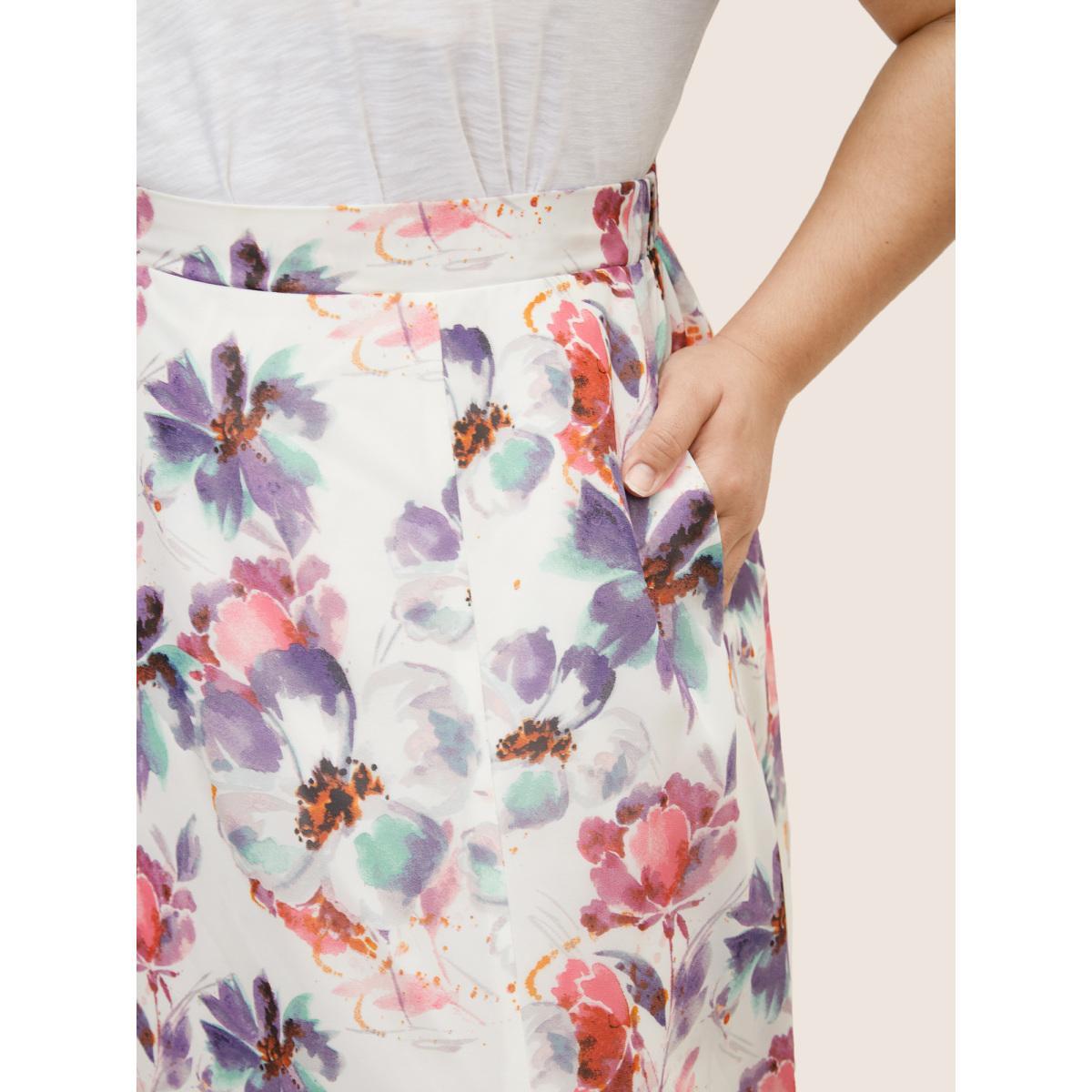 Plus Size Watercolor Floral Print Slit Hem Pocket Skirt Women Originalwhite Elegant Slit No stretch Side seam pocket Everyday Skirts BloomChic 18-20/2X Product Image