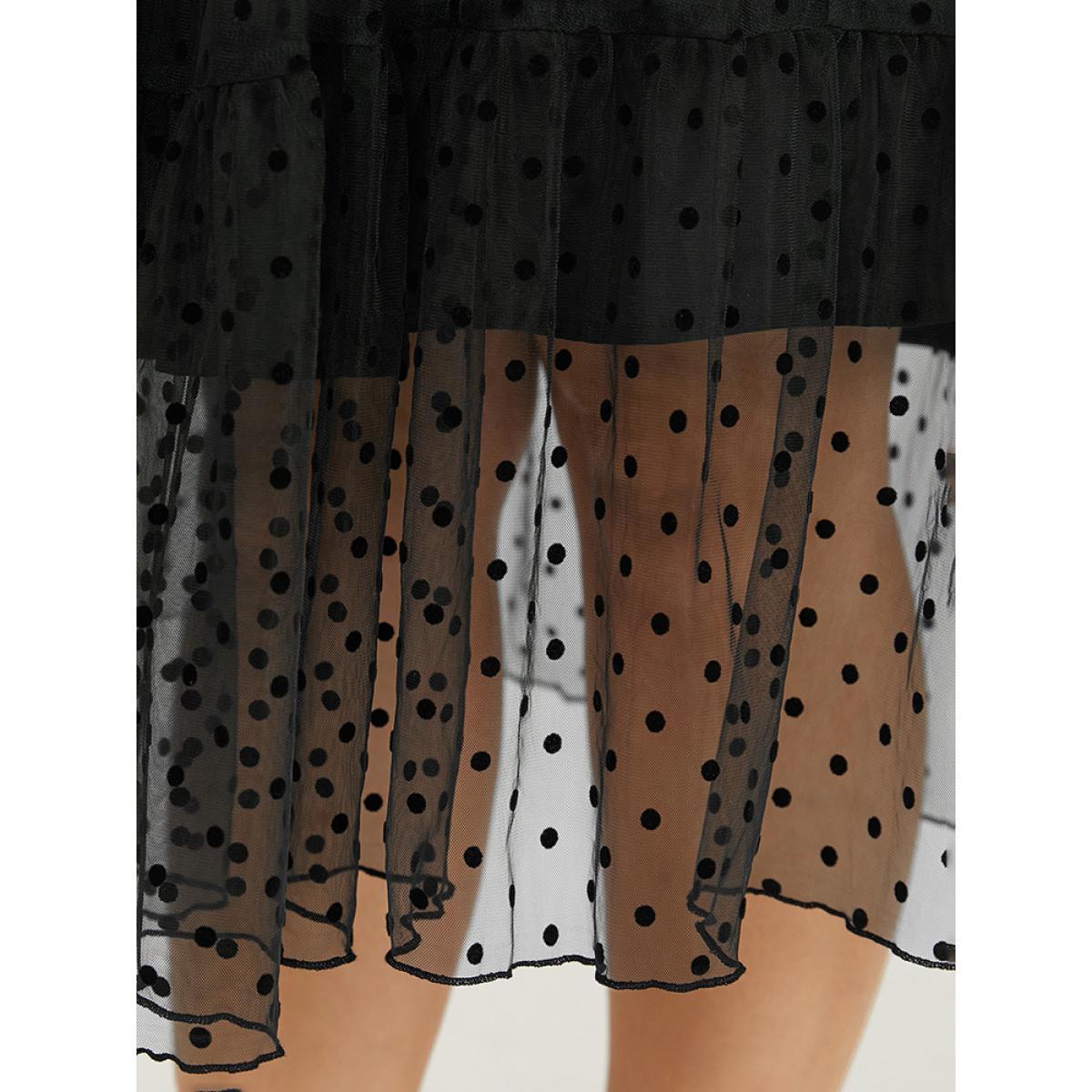 Plus Size Polka Dot Mesh Pocket Square Neck Dress Black Women Elegant Texture Square Neck Long Sleeve Curvy Midi Dress BloomChic 26/4X Product Image