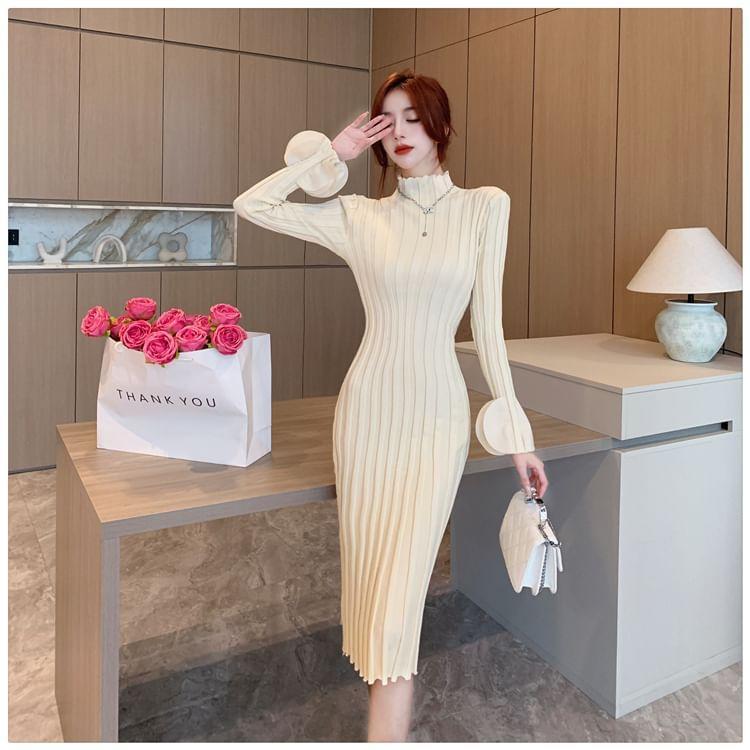 Long Sleeve Petal Cuff Mock Neck Plain Ribbed Midi Sheath Sweater Dress Product Image