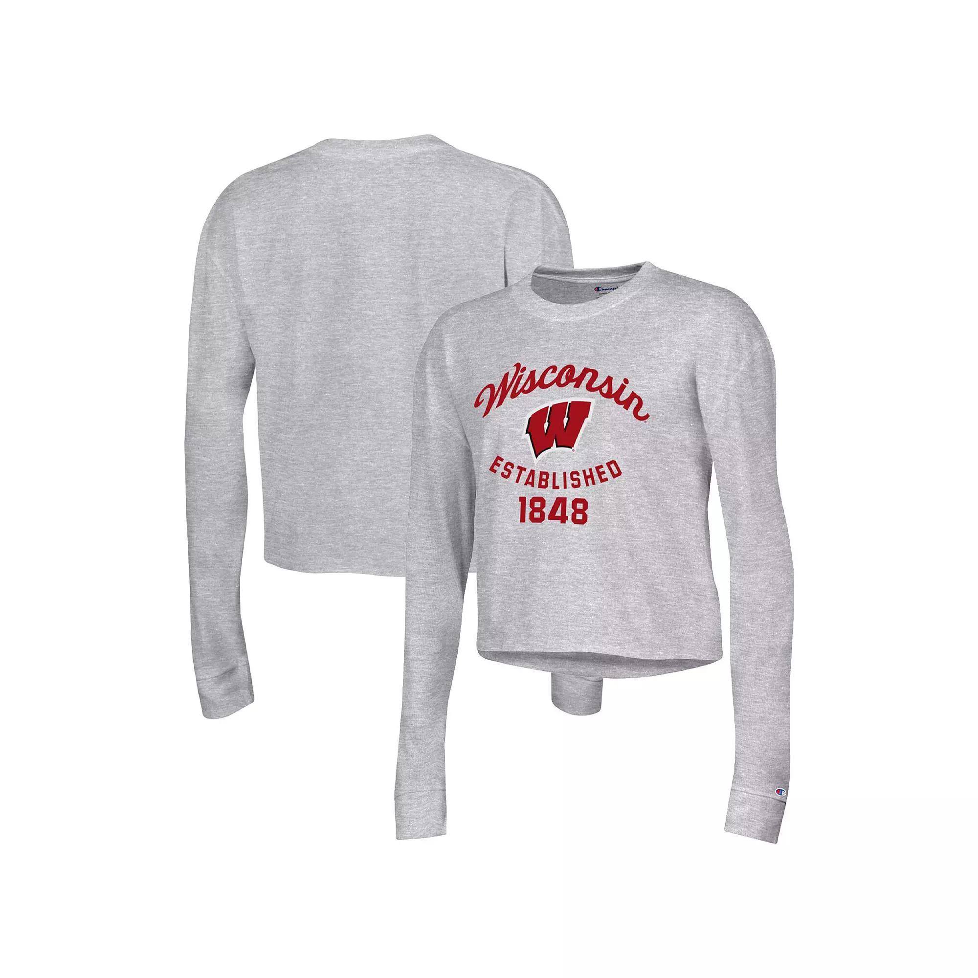 Women's Champion Gray Wisconsin Badgers Boyfriend Cropped Long Sleeve T-Shirt, Size: XL, Grey Product Image