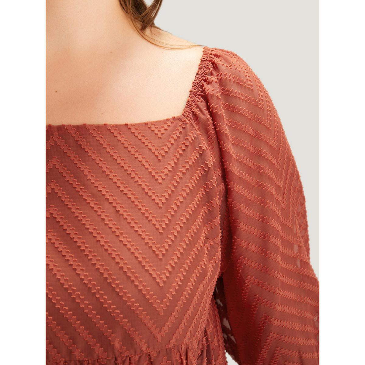 Plus Size Plisse Solid Square Neck Lantern Sleeve Dress Rust Women Office Lined Square Neck Half Sleeve Curvy Midi Dress BloomChic 10/M Product Image